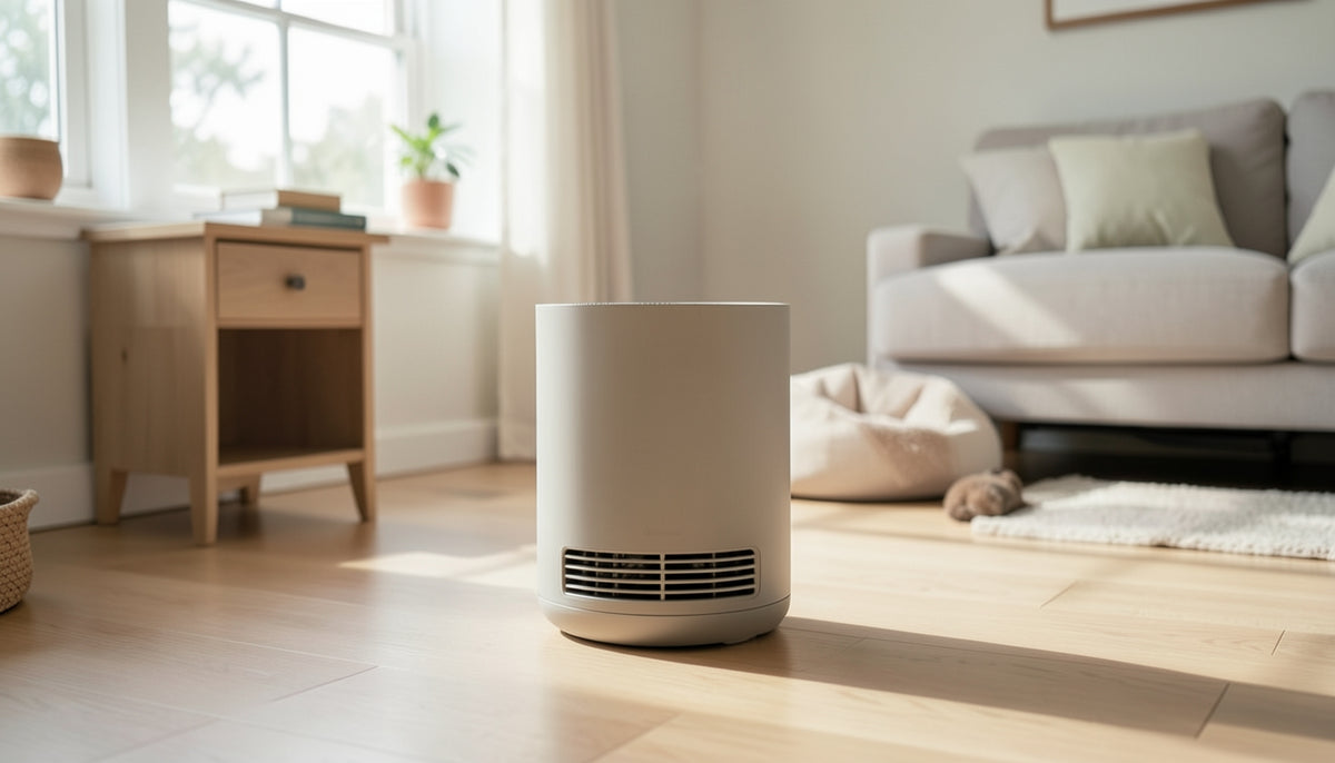 a generic cylindrical or rectangular room air purifier in a lived-in home setting