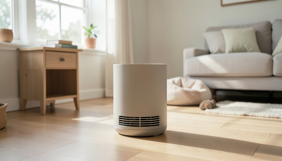 a generic cylindrical or rectangular room air purifier in a lived-in home setting