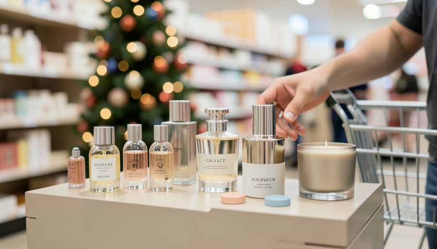 A close-up of unbranded perfume-style bottles and a candle arranged in a retail beauty display