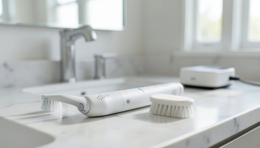 A few generic electric toothbrush handles with interchangeable soft-bristle heads arranged on a clean bathroom counter