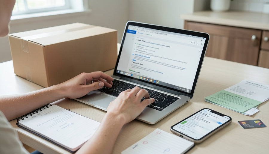 Hands of an adult shopper using a laptop and smartphone at a kitchen or home-office table with a shipping box, packing slip, and folded receipt nearby