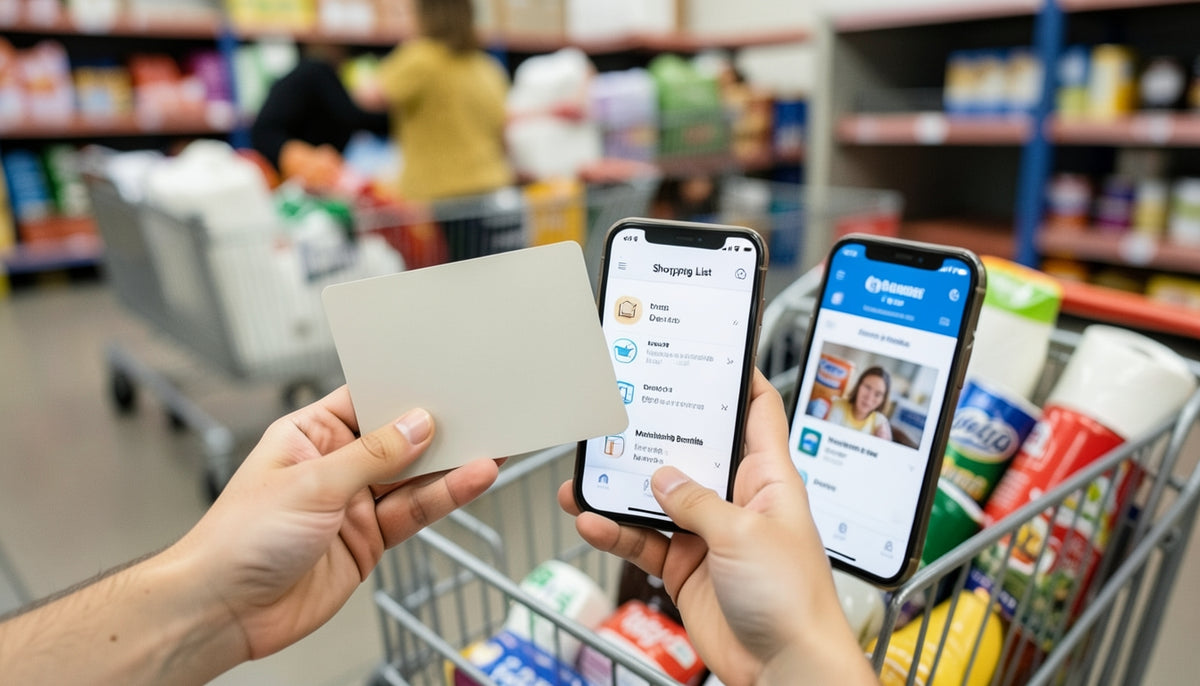 A shopper’s hands holding two plain membership cards beside a smartphone with a generic shopping app interface