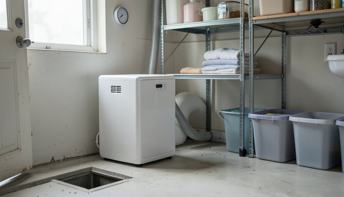 a compact white dehumidifier operating in a tidy unfinished basement corner near a drain
