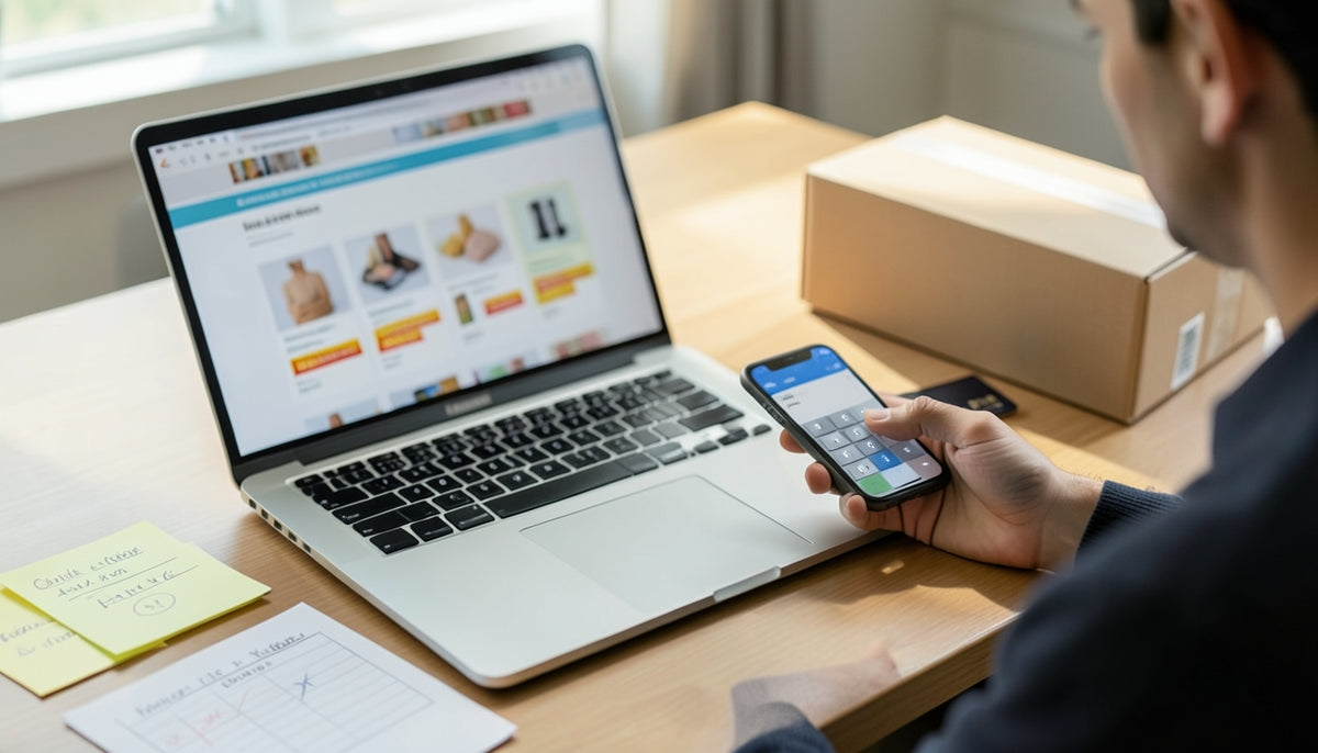 A generic online shopping scene with a laptop or tablet showing product listings and a shopper comparing notes on a phone calculator