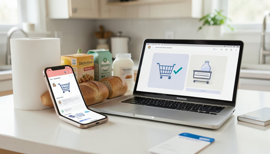A smartphone and laptop showing a generic shopping cart interface beside everyday household groceries on a kitchen counter