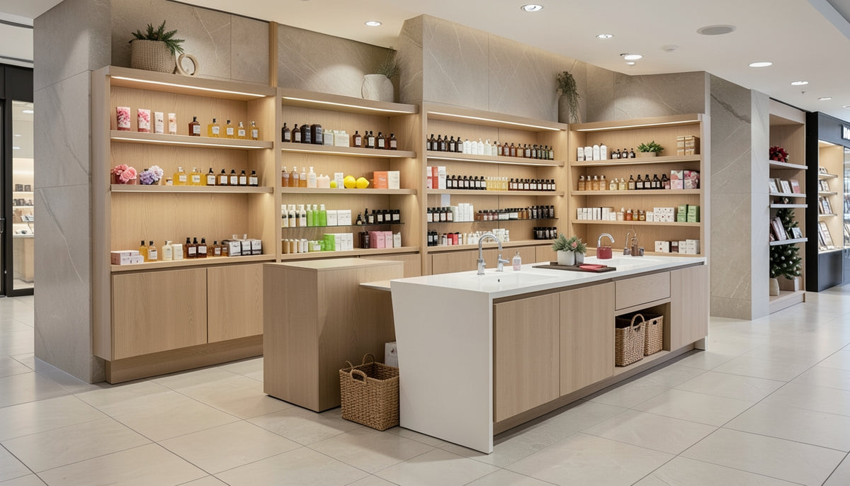 Shelving and testing fixtures in a softly lit personal-care store environment