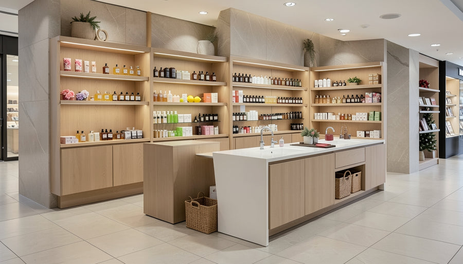 Shelving and testing fixtures in a softly lit personal-care store environment