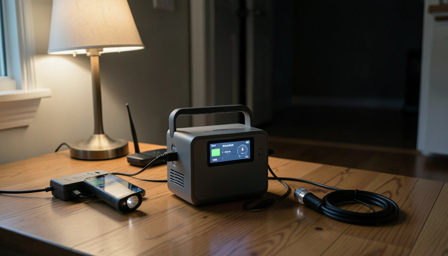 A generic mid-size portable power station sitting on a kitchen floor near a lamp, router, and phone charger during a home power outage setup