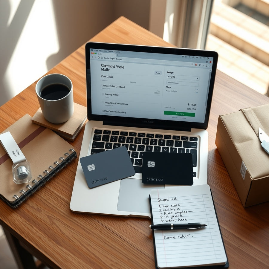 A generic online shopping checkout scene with a laptop, a plain credit card and a plain debit card beside a notebook and package