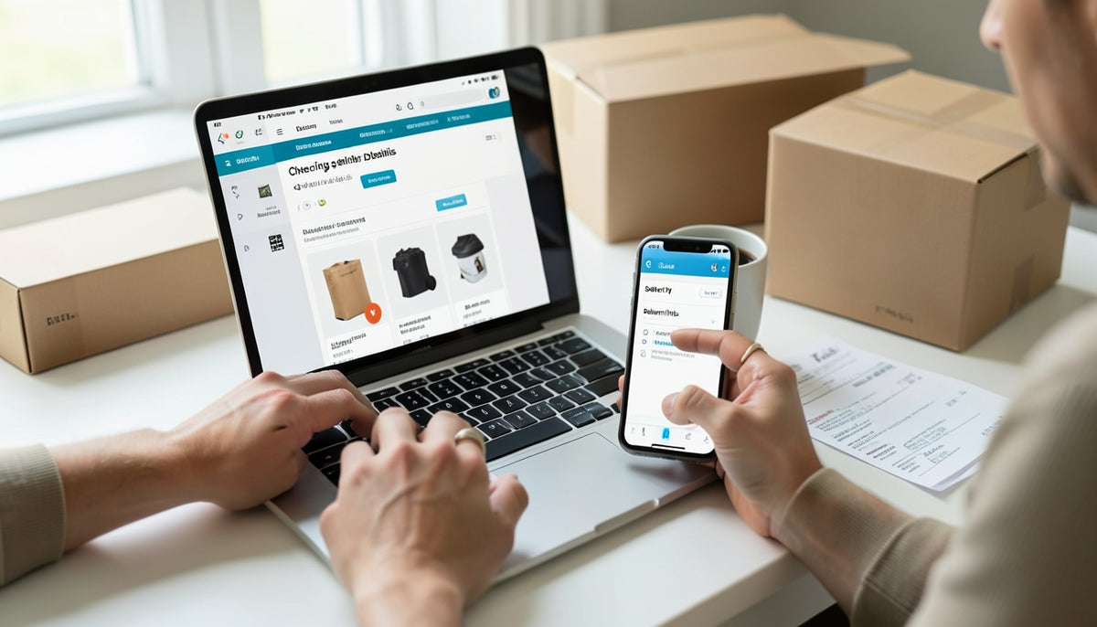 a shopper’s hands using a laptop and phone while comparing seller details on a generic product listing
