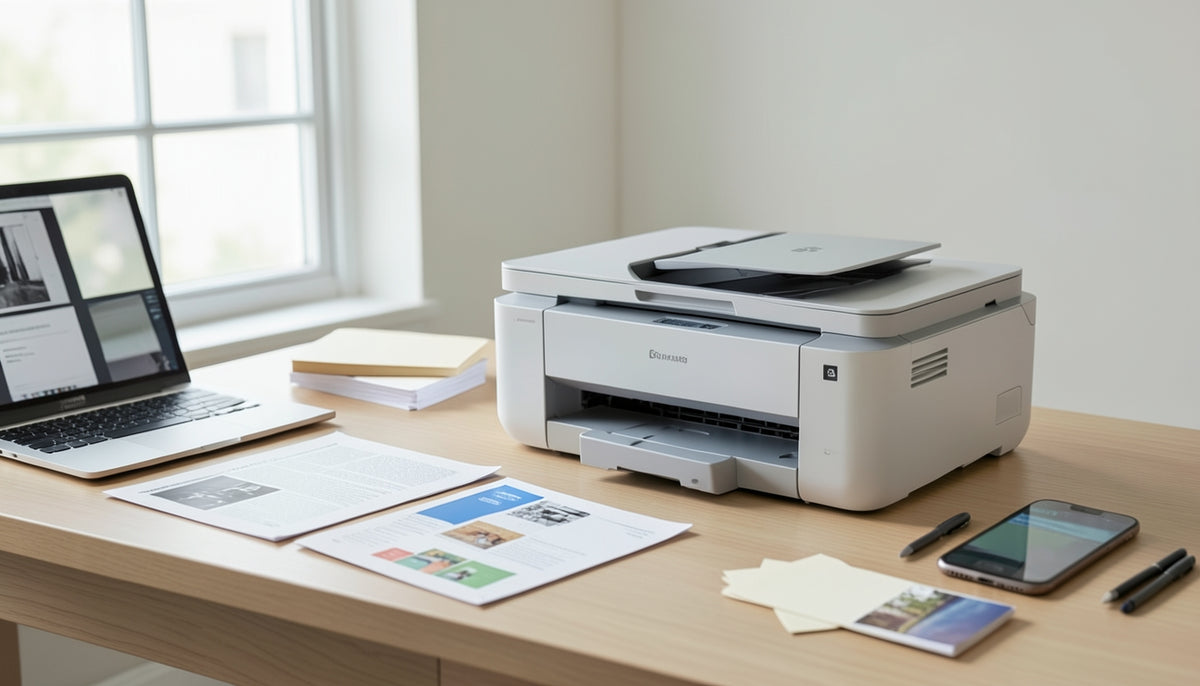 a neutral, modern home office desk with a generic compact printer beside printed documents, envelopes, and a small stack of paper