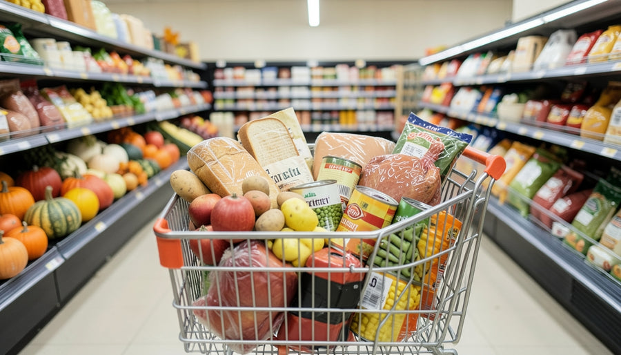 A shopping cart with unbranded holiday grocery staples such as potatoes, bread, canned vegetables and a wrapped turkey shape
