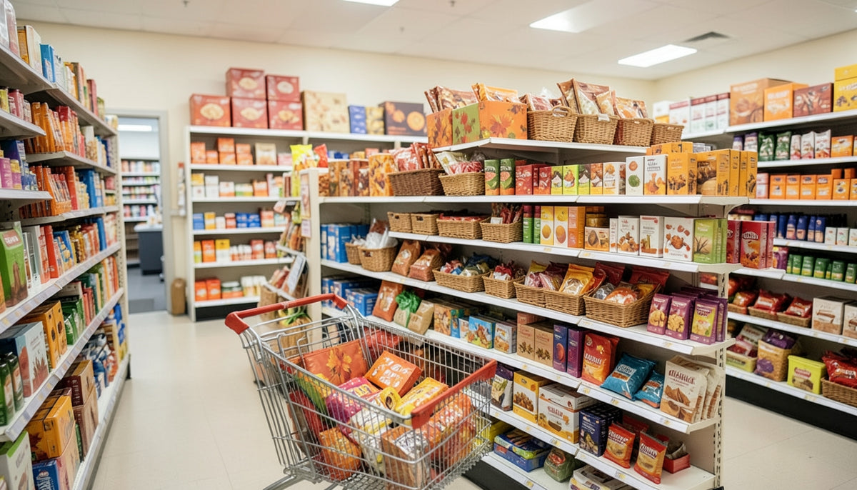 A generic drugstore seasonal aisle with baskets, small gift items, beauty products, toys and autumn-themed packaging
