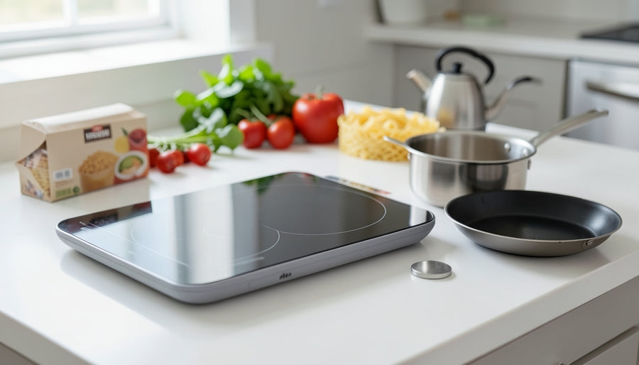 A generic portable induction cooktop on a kitchen counter with a saucepan and a skillet beside it