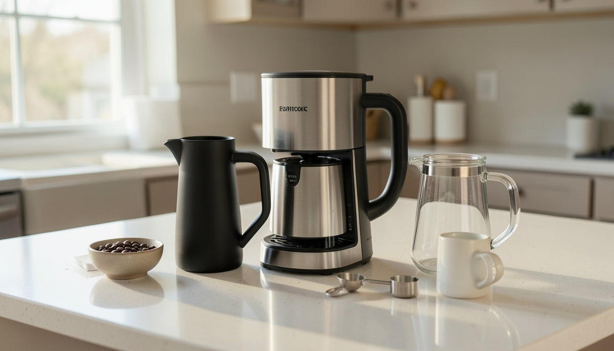 A stainless-steel drip coffee maker beside a thermal carafe and a glass carafe on a clean kitchen counter