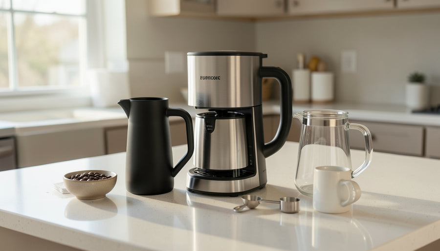 A stainless-steel drip coffee maker beside a thermal carafe and a glass carafe on a clean kitchen counter
