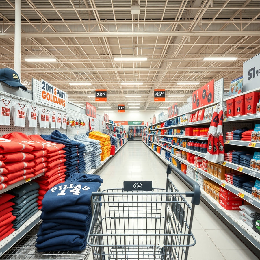 A generic big-box store fan-gear section with folded apparel and neutral sports accessories on shelves