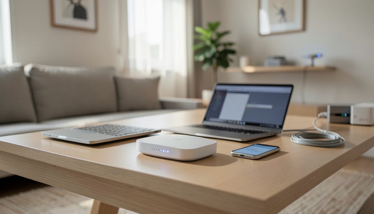 A neutral, unbranded home networking setup on a shelf or desk