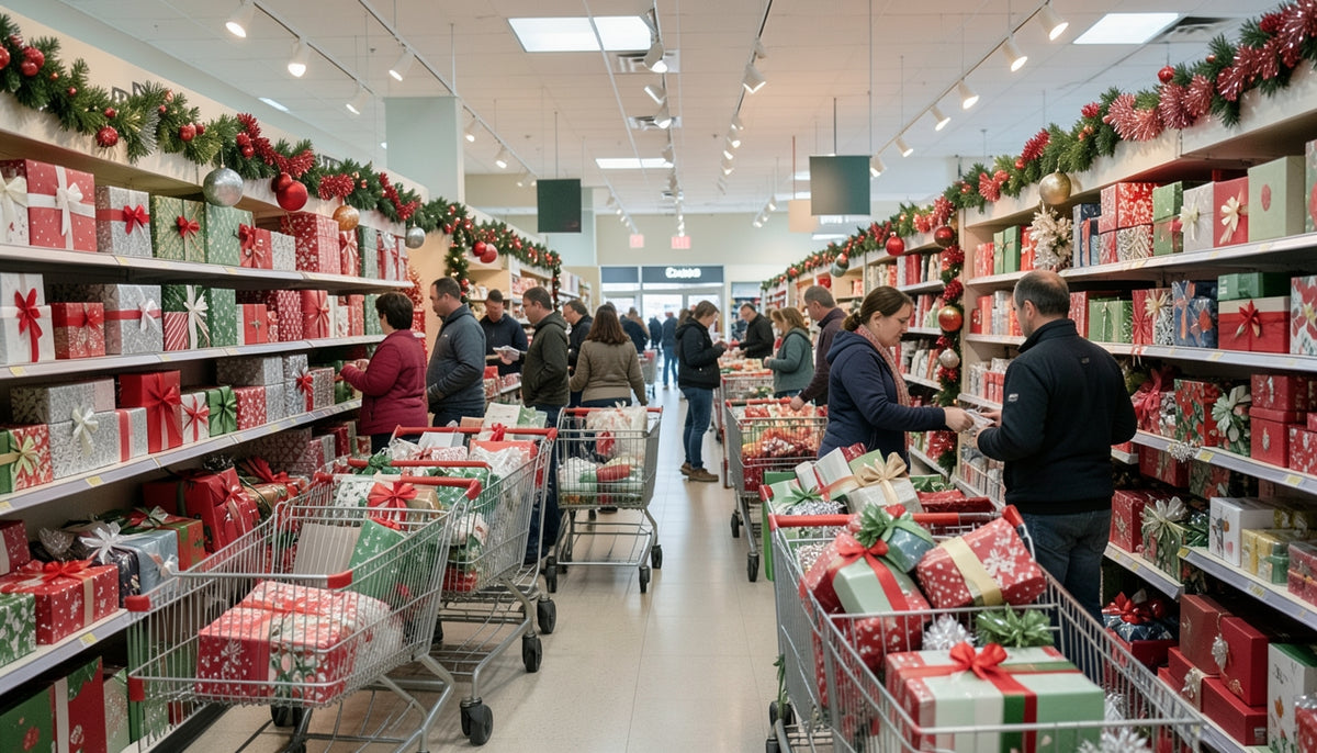 A festive but unbranded department store aisle with holiday gift displays and seasonal decor